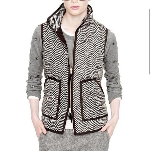 J Crew Excursion Quilted Puffer Vest Black Ivory Herringbone - Picture 8 of 14